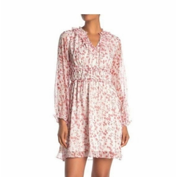 CeCe Dresses & Skirts - CeCe Floral Chiffon Tie Neck Ruffle Dress 12 Sheer Sleeve Wedding Guest